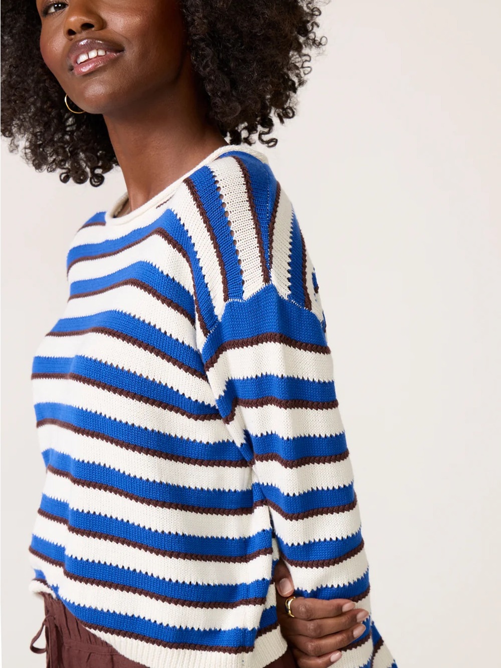 Blue, White & Brown Striped Knit Pullover